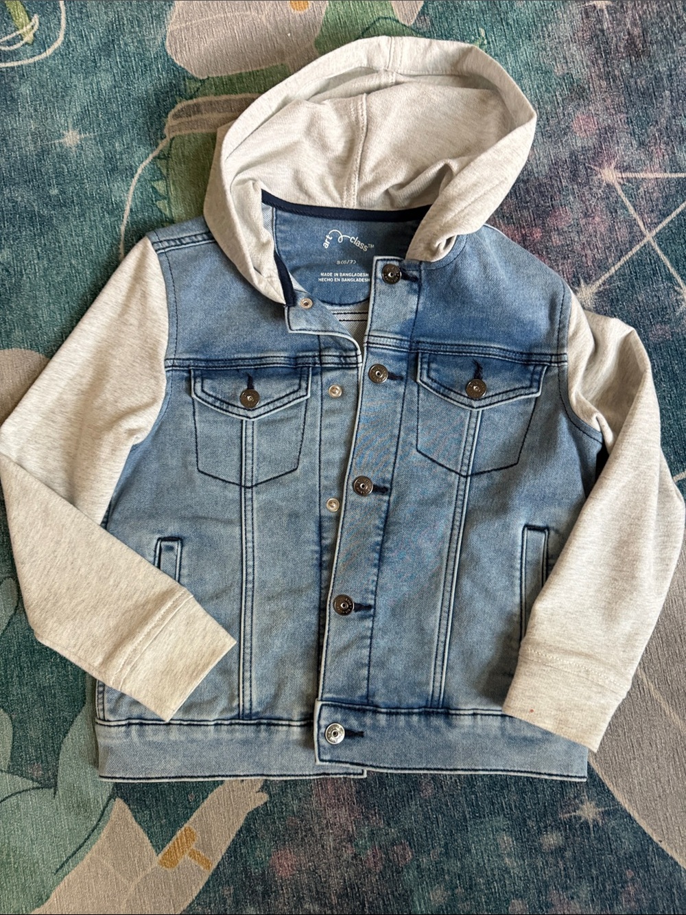 art class kids small 6/7 Light Blue Denim Jacket with Gray Hooded Sleeves